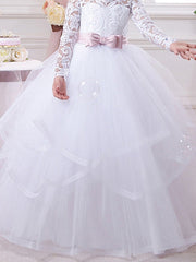 Lace Tulle Ball Gown Flower Girl Dress with Lace Appliques & Buttons
