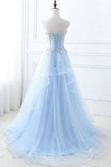 Lace-up Appliques Tulle Long A-line Prom Dress Sky Blue Evening Dress