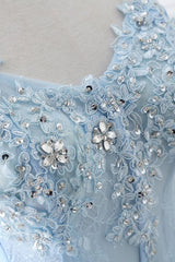 Lace-up Appliques Tulle Long A-line Prom Dress Sky Blue Evening Dress