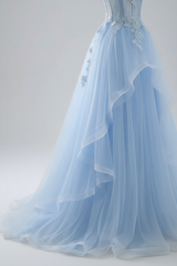 Lace-up Appliques Tulle Long A-line Prom Dress Sky Blue Evening Dress