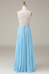 Lace-Up Cowl Neck Light Blue A-Line Chiffon Bridesmaid Dress