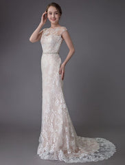 Lace Wedding Dress Champagne Jewel Sleeveless Backless Mermaid Beach Wedding Gown
