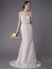 Lace Wedding Dress Champagne Jewel Sleeveless Backless Mermaid Beach Wedding Gown
