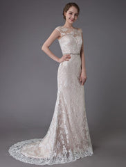 Lace Wedding Dress Champagne Jewel Sleeveless Backless Mermaid Beach Wedding Gown