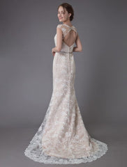 Lace Wedding Dress Champagne Jewel Sleeveless Backless Mermaid Beach Wedding Gown