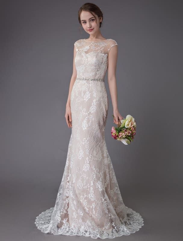 Lace Wedding Dress Champagne Jewel Sleeveless Backless Mermaid Beach Wedding Gown