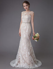 Lace Wedding Dress Champagne Jewel Sleeveless Backless Mermaid Beach Wedding Gown