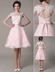 Lace Wedding Dress Cut Out Knee Length A-Line Bridal Dress With Satin Bow