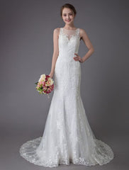 Lace Wedding Dress Ivory Illusion Neckline Sleeveless Chain Beach Wedding Dress Mermaid Bridal Gowns With Train Exclusive