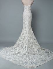 Lace Wedding Dress Mermaid Sweetheart Strapless Sleeveless Floor Length With Train Bridal Dresses