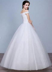Lace Wedding Dress Off The Shoulder Floor Length Lace Up Applique Bridal Dress With Beads Sequins