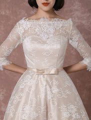 Vintage Champagne Lace Wedding Dress Bateau Neck Half Sleeve Tea Length Bridal Gown