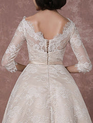 Vintage Champagne Lace Wedding Dress Bateau Neck Half Sleeve Tea Length Bridal Gown