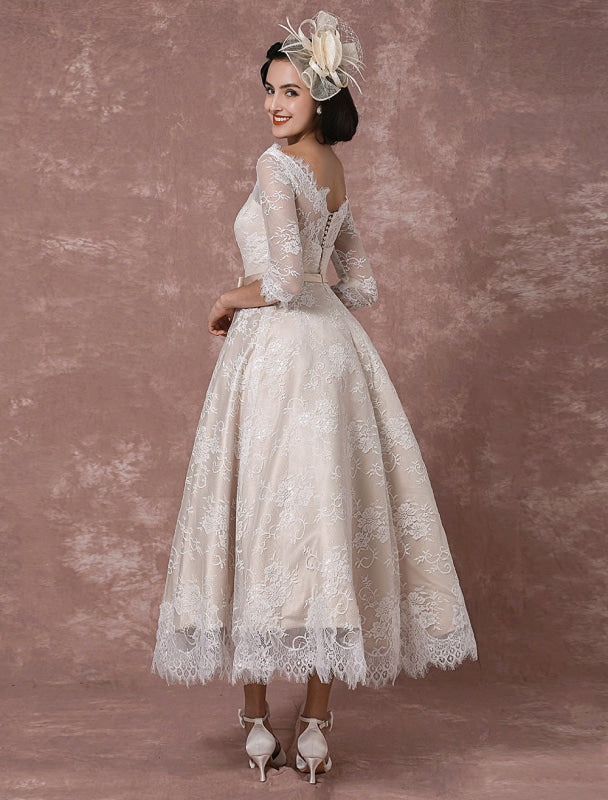 Vintage Champagne Lace Wedding Dress Bateau Neck Half Sleeve Tea Length Bridal Gown