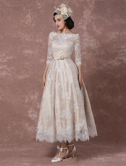 Vintage Champagne Lace Wedding Dress Bateau Neck Half Sleeve Tea Length Bridal Gown