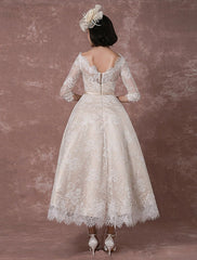 Vintage Champagne Lace Wedding Dress Bateau Neck Half Sleeve Tea Length Bridal Gown
