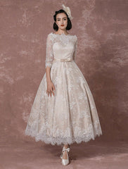 Vintage Champagne Lace Wedding Dress Bateau Neck Half Sleeve Tea Length Bridal Gown