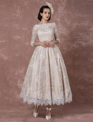Vintage Champagne Lace Wedding Dress Bateau Neck Half Sleeve Tea Length Bridal Gown