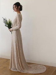 Lace Wedding Dress With Train A-Line Long Sleeves V-Neck Ivory Bridal Gowns
