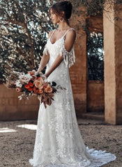 Lace Wedding Dress With Train Ivory A-Line Sleeveless V-Neck Backless Bridal Gowns