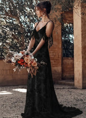Lace Wedding Dress With Train Ivory A-Line Sleeveless V-Neck Backless Bridal Gowns
