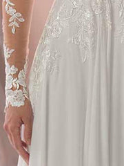 Lace Wedding Dresses Chiffon V Neck A Line Long Sleeve Lace Applique Beach Wedding Bridal Dress With Train