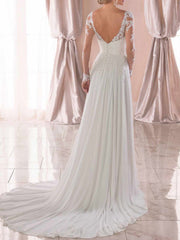 Lace Wedding Dresses Chiffon V Neck A Line Long Sleeve Lace Applique Beach Wedding Bridal Dress With Train