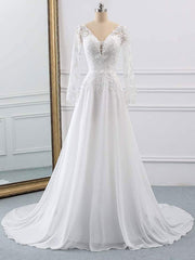 Lace Wedding Dresses Chiffon V Neck A Line Long Sleeve Lace Applique Beach Wedding Bridal Dress With Train