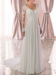 Lace Wedding Dresses Chiffon V Neck A Line Long Sleeve Lace Applique Beach Wedding Bridal Dress With Train