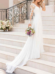 Lace Wedding Dresses Chiffon V Neck A Line Long Sleeve Lace Applique Beach Wedding Bridal Dress With Train