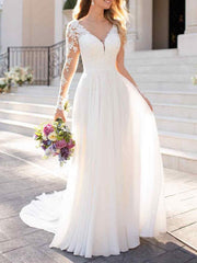 Lace Wedding Dresses Chiffon V Neck A Line Long Sleeve Lace Applique Beach Wedding Bridal Dress With Train