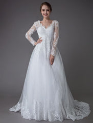 Lace Wedding Dresses Ball Gown V Neck Long Sleeve Backless Princess Bridal Dress Exclusive
