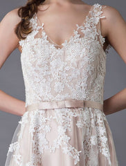Lace Wedding Dresses High Low Bow Sash Tulle Applique Summer Beach Colored Bridal Gowns Exclusive