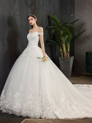 Lace Wedding Dresses Ivory Lace Applique Off The Shoulder Short Sleeve Princess Bridal Gown With Train