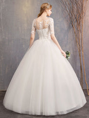 Lace Wedding Dresses Ivory Illusion Half Sleeves Princess Wedding Dress