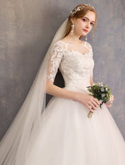 Lace Wedding Dresses Ivory Illusion Half Sleeves Princess Wedding Dress