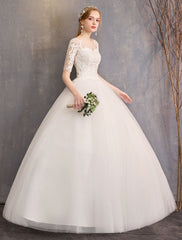 Lace Wedding Dresses Ivory Illusion Half Sleeves Princess Wedding Dress