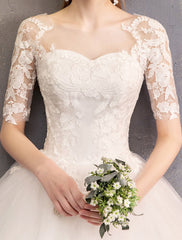 Lace Wedding Dresses Ivory Illusion Half Sleeves Princess Wedding Dress