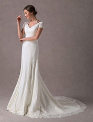 Lace Wedding Dresses Ivory V Neck Short Sleeve A Line Straps Bridal Gowns With Train