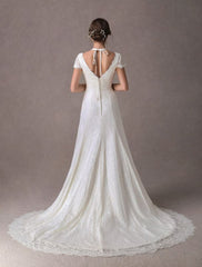 Lace Wedding Dresses Ivory V Neck Short Sleeve A Line Straps Bridal Gowns With Train