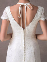 Lace Wedding Dresses Ivory V Neck Short Sleeve A Line Straps Bridal Gowns With Train