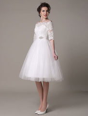 Exclusive Lace Wedding Dresses Short Off The Shoulder A Line Knee Length Rhinestone Bridal Dress