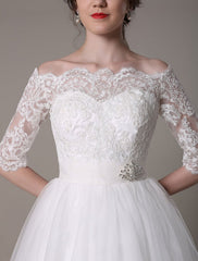 Exclusive Lace Wedding Dresses Short Off The Shoulder A Line Knee Length Rhinestone Bridal Dress