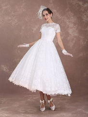 Ivory A Line Tea Length Wedding Reception Dress 1950s Short Sleeves Retro Bridal Dress