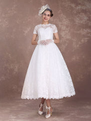 Ivory A Line Tea Length Wedding Reception Dress 1950s Short Sleeves Retro Bridal Dress