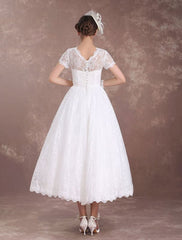 Ivory A Line Tea Length Wedding Reception Dress 1950s Short Sleeves Retro Bridal Dress
