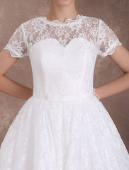 Ivory A Line Tea Length Wedding Reception Dress 1950s Short Sleeves Retro Bridal Dress
