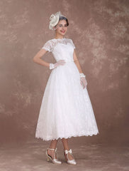 Ivory A Line Tea Length Wedding Reception Dress 1950s Short Sleeves Retro Bridal Dress