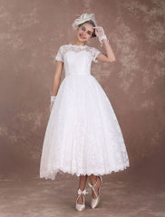 Ivory A Line Tea Length Wedding Reception Dress 1950s Short Sleeves Retro Bridal Dress