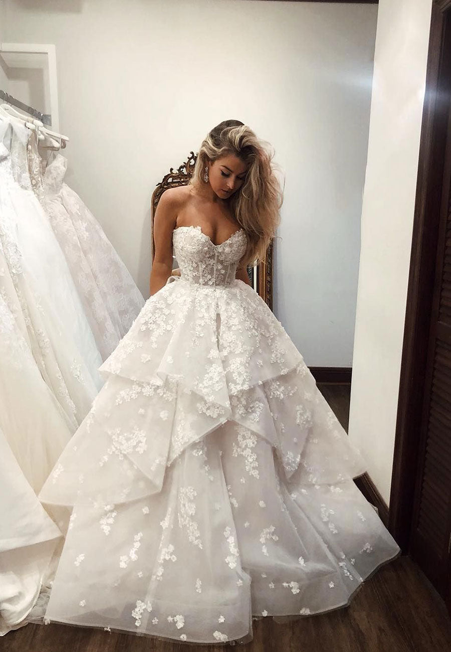 A-Line Strapless Lace Long Ball Gown, Lace Evening Dress